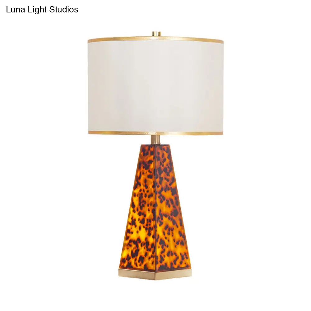 Modern Fabric Drum Nightstand Lamp With Leopard Print Acrylic Base - White Table Light 1 Bulb