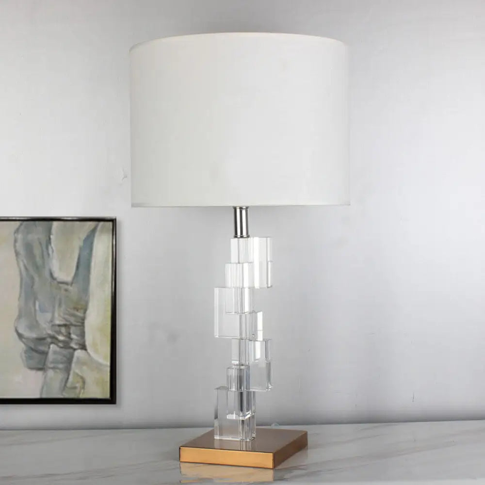 Modern Fabric Shade Study Lamp - Straight Sided Design 1 Bulb Book Light In White