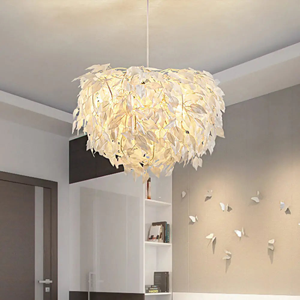 Modern Fabric White Leaf Pendant Lamp - 1 Light Bedroom Hanging Fixture 19.5’/23.5’/27.5’