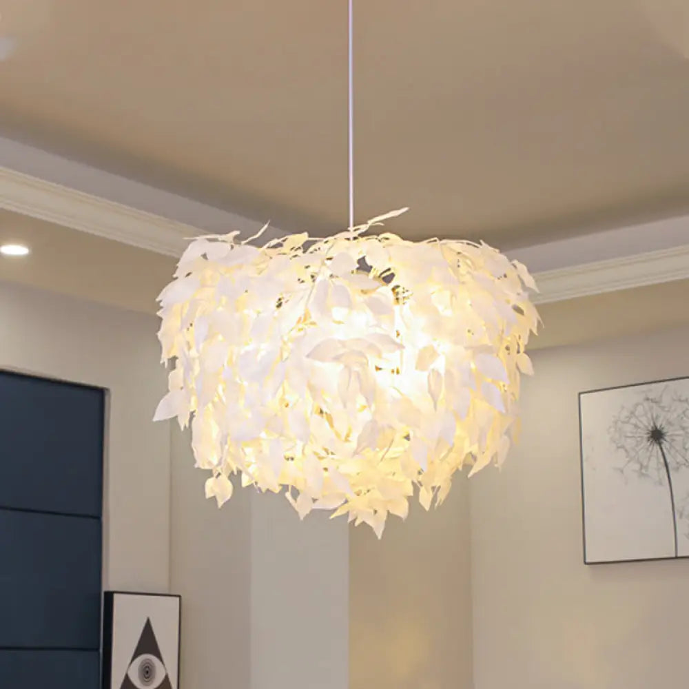 Modern Fabric White Leaf Pendant Lamp - 1 Light Bedroom Hanging Fixture 19.5’/23.5’/27.5’