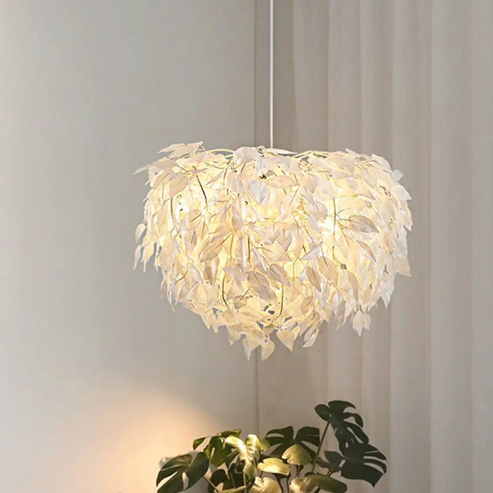 Modern Fabric White Leaf Pendant Lamp - 1 Light Bedroom Hanging Fixture 19.5’/23.5’/27.5’