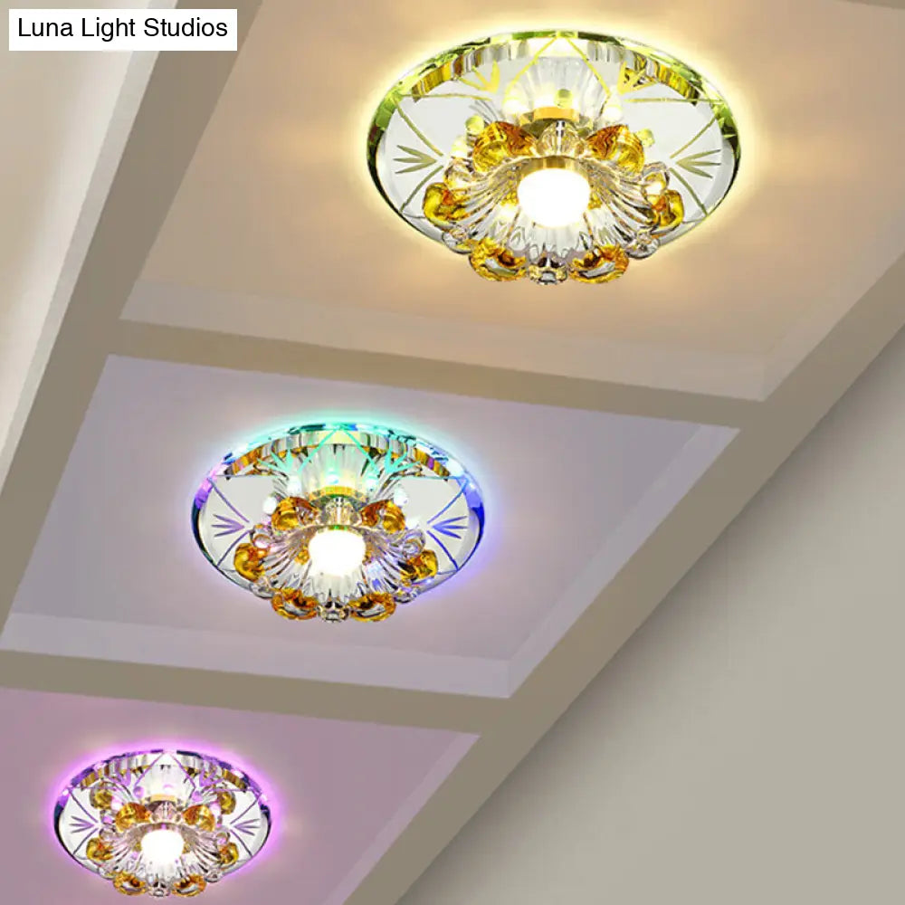 Modern Faceted Crystal Blossom Ceiling Light With Led Flushmount In Chrome Multiple Options / Warm