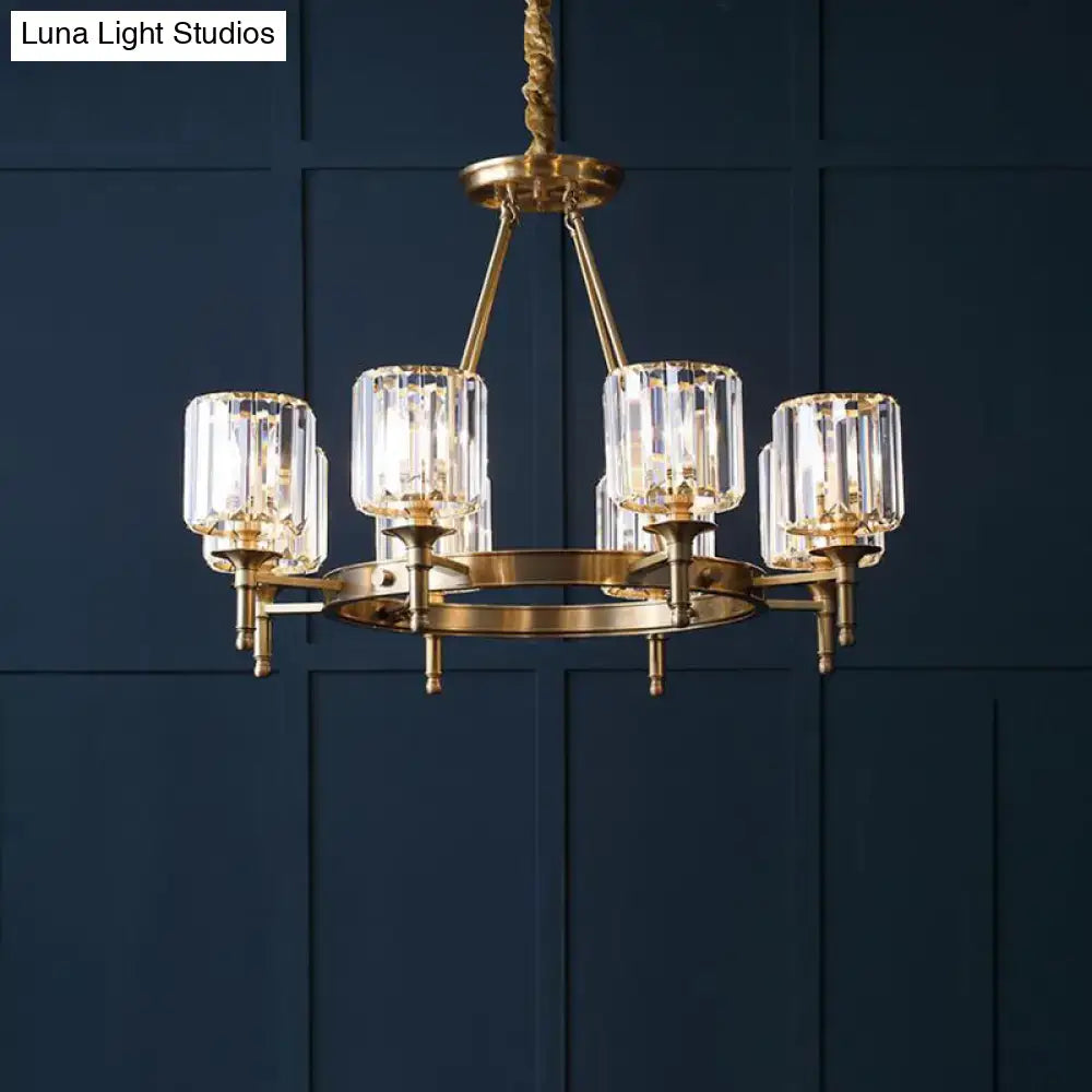 Modern Faceted Crystal Cylinder Chandelier Ceiling Pendant Light W/ 3/5/6 Bulbs In Brass Finish