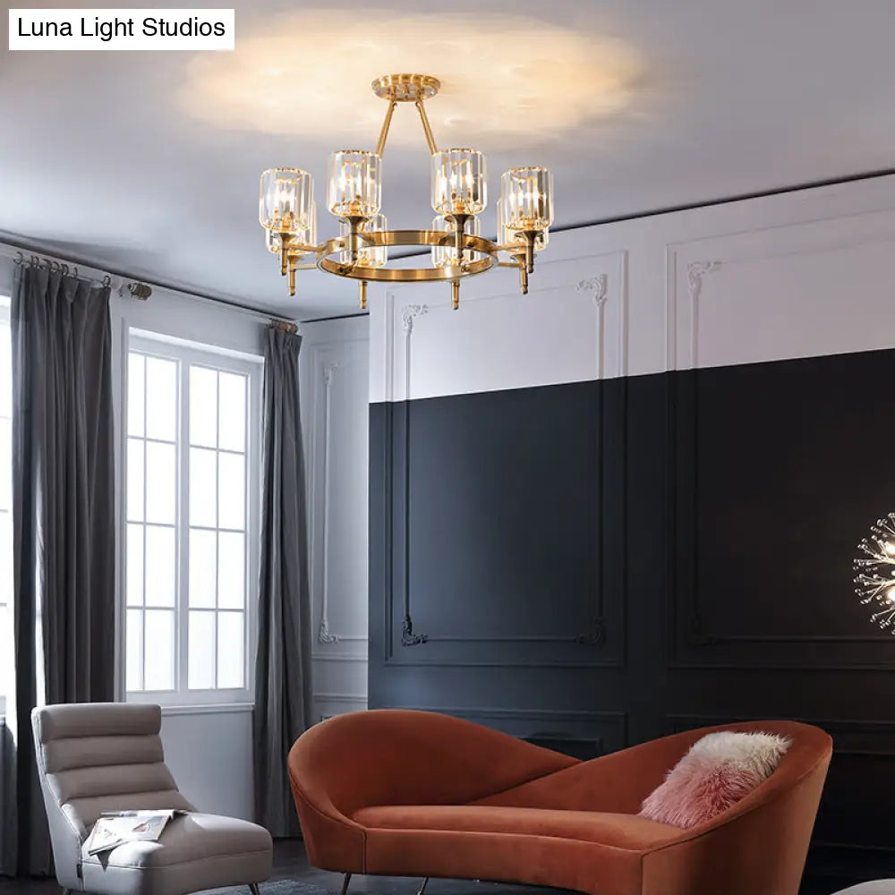 Modern Brass Faceted Crystal Cylinder Chandelier With 3/5/6 Bulbs - Ceiling Pendant Lighting