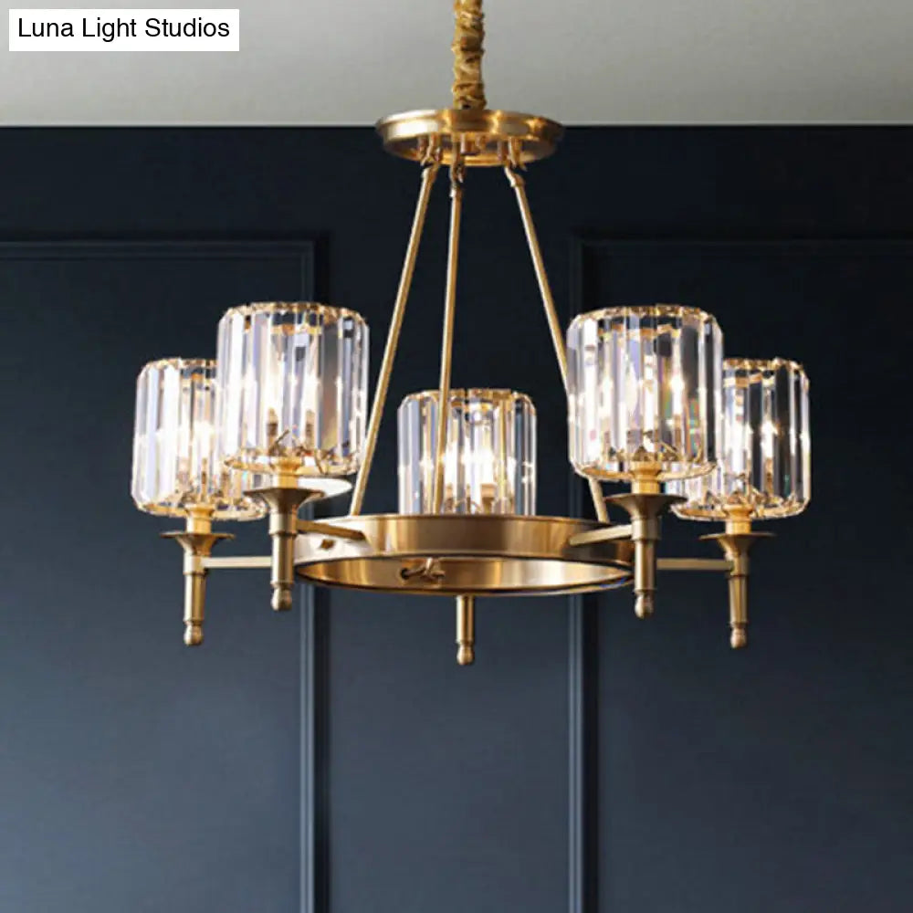 Modern Faceted Crystal Cylinder Chandelier Ceiling Pendant Light W/ 3/5/6 Bulbs In Brass Finish 5 /