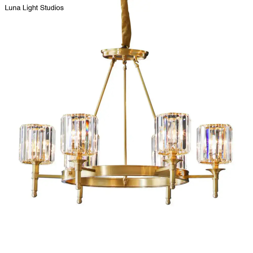 Modern Faceted Crystal Cylinder Chandelier Ceiling Pendant Light W/ 3/5/6 Bulbs In Brass Finish