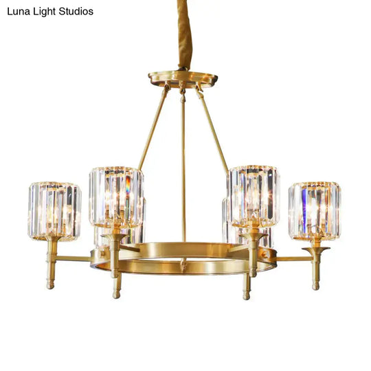 Modern Faceted Crystal Cylinder Chandelier Ceiling Pendant Light W/ 3/5/6 Bulbs In Brass Finish