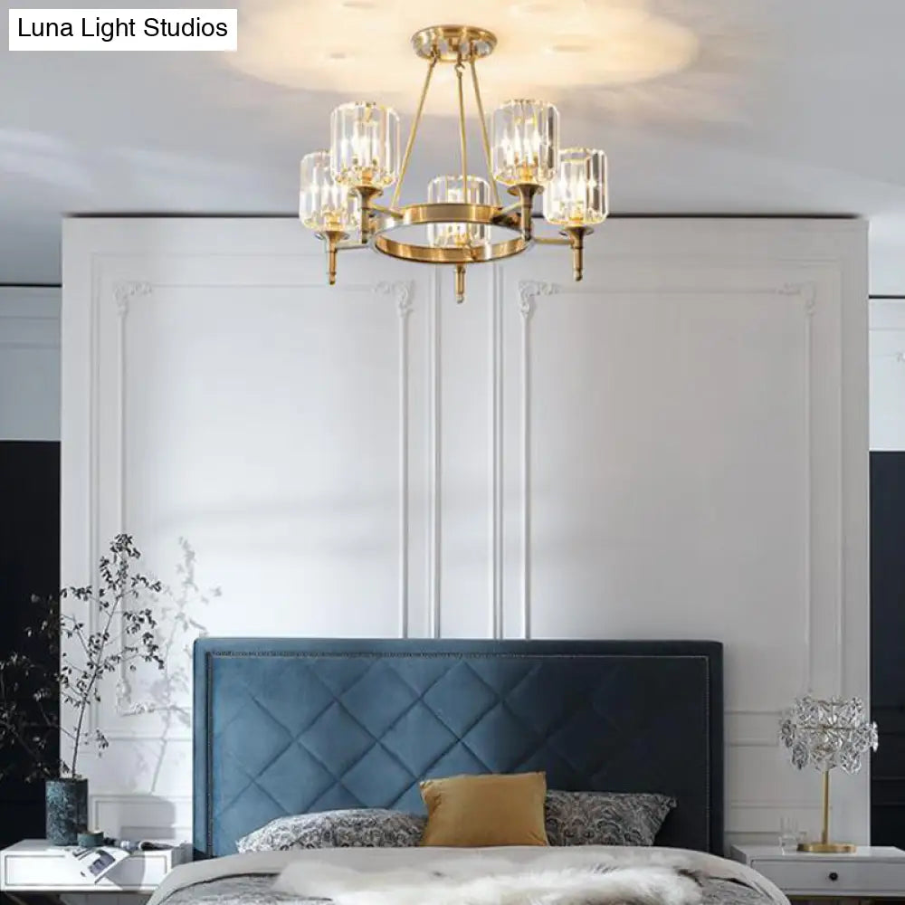 Modern Brass Faceted Crystal Cylinder Chandelier With 3/5/6 Bulbs - Ceiling Pendant Lighting