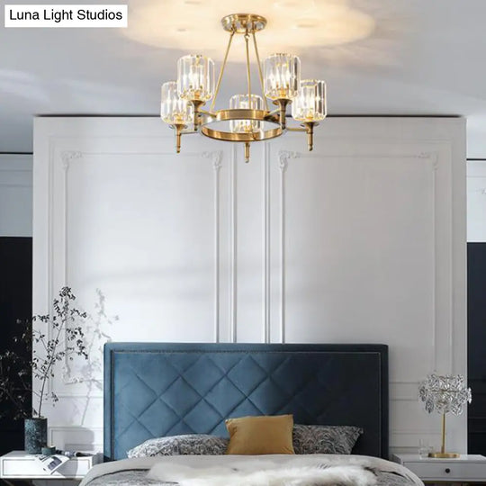 Modern Brass Faceted Crystal Cylinder Chandelier With 3/5/6 Bulbs - Ceiling Pendant Lighting