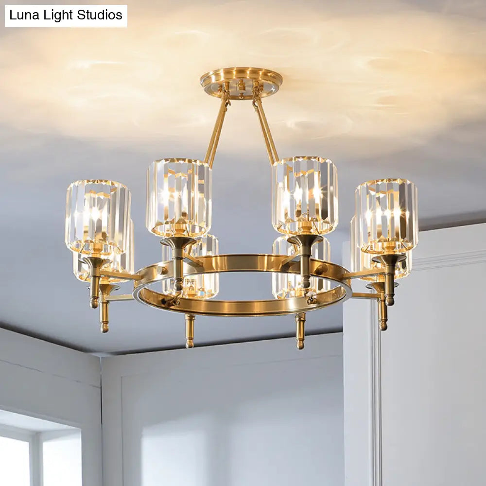 Modern Brass Faceted Crystal Cylinder Chandelier With 3/5/6 Bulbs - Ceiling Pendant Lighting 8 /