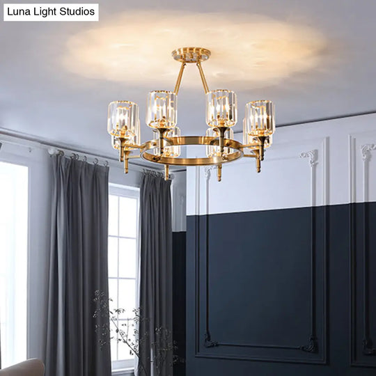 Modern Brass Faceted Crystal Cylinder Chandelier With 3/5/6 Bulbs - Ceiling Pendant Lighting