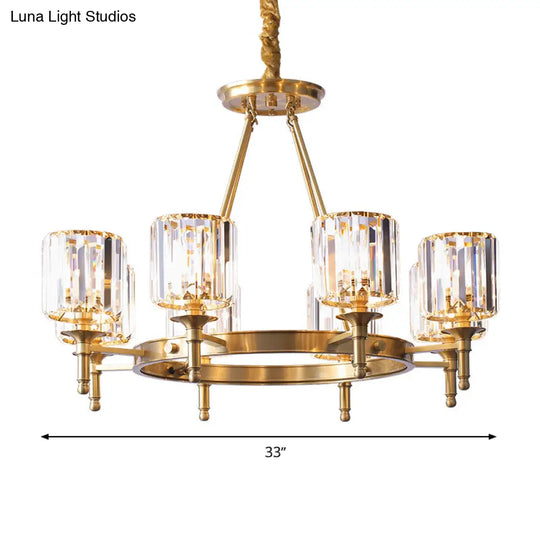 Modern Faceted Crystal Cylinder Chandelier Ceiling Pendant Light W/ 3/5/6 Bulbs In Brass Finish