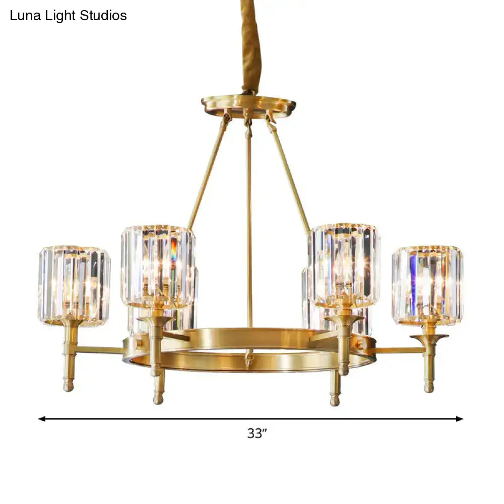 Modern Faceted Crystal Cylinder Chandelier Ceiling Pendant Light W/ 3/5/6 Bulbs In Brass Finish