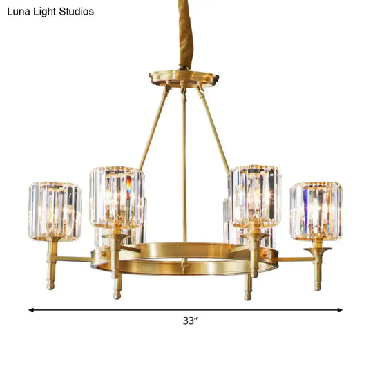 Modern Faceted Crystal Cylinder Chandelier Ceiling Pendant Light W/ 3/5/6 Bulbs In Brass Finish