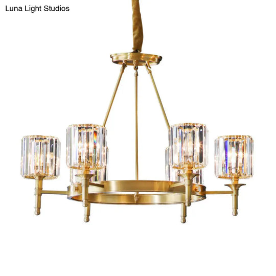 Modern Brass Faceted Crystal Cylinder Chandelier With 3/5/6 Bulbs - Ceiling Pendant Lighting