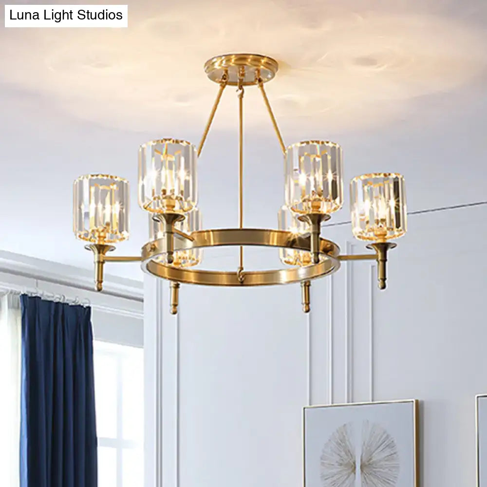 Modern Faceted Crystal Cylinder Chandelier Ceiling Pendant Light W/ 3/5/6 Bulbs In Brass Finish