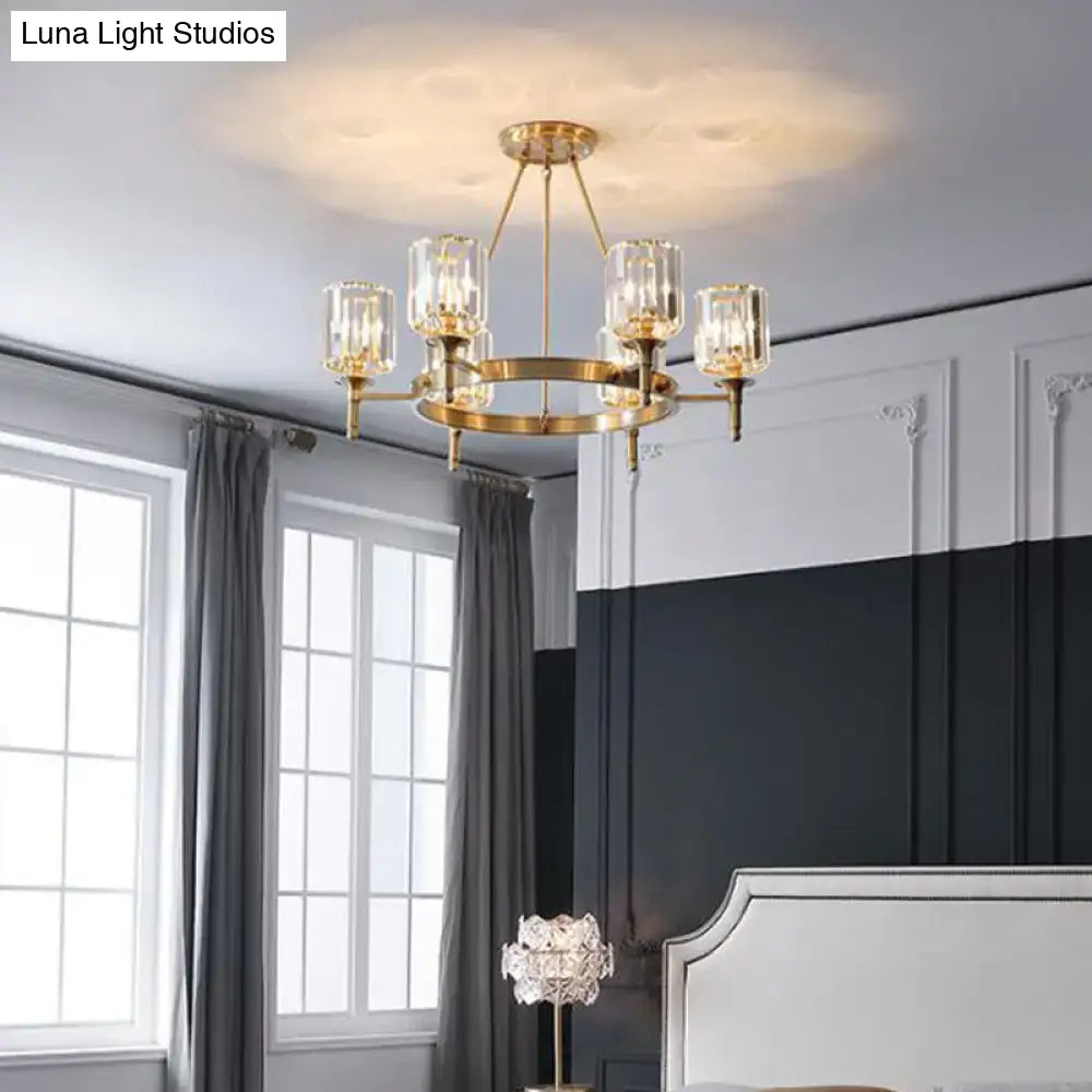 Modern Faceted Crystal Cylinder Chandelier Ceiling Pendant Light W/ 3/5/6 Bulbs In Brass Finish