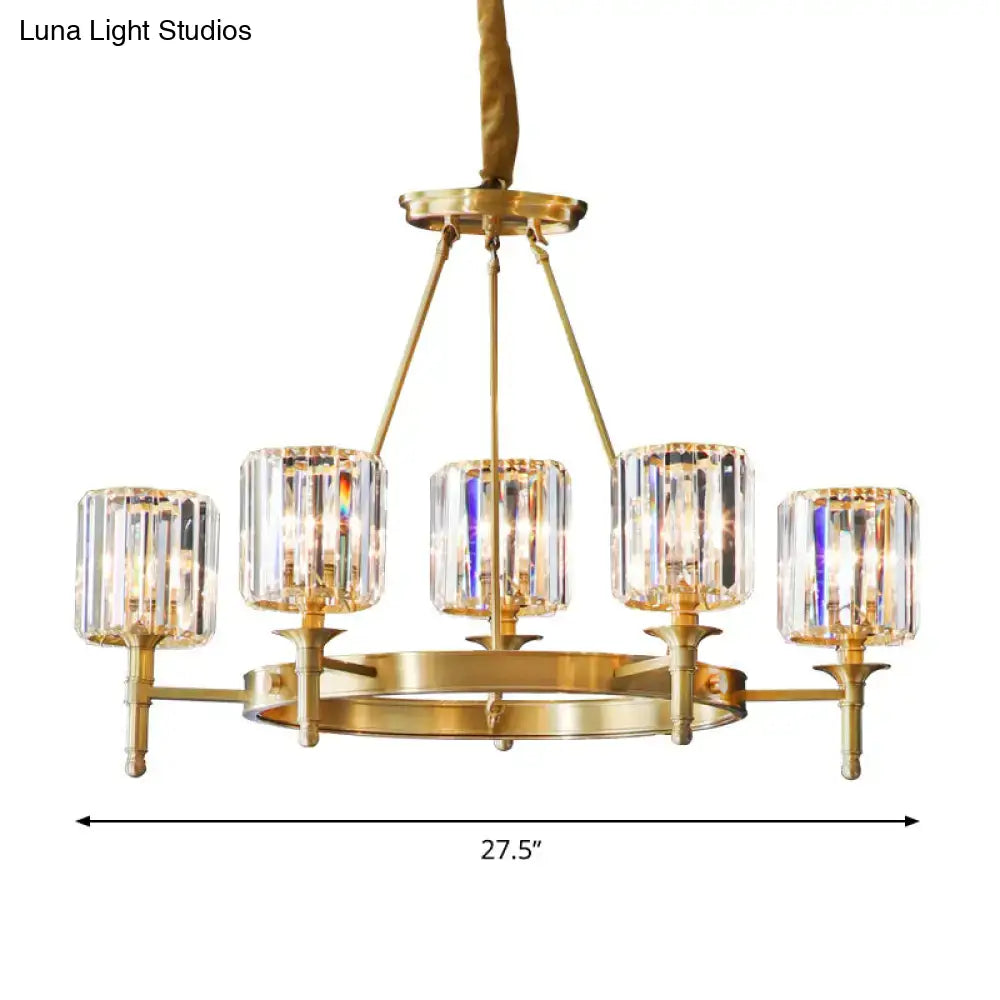 Modern Faceted Crystal Cylinder Chandelier Ceiling Pendant Light W/ 3/5/6 Bulbs In Brass Finish