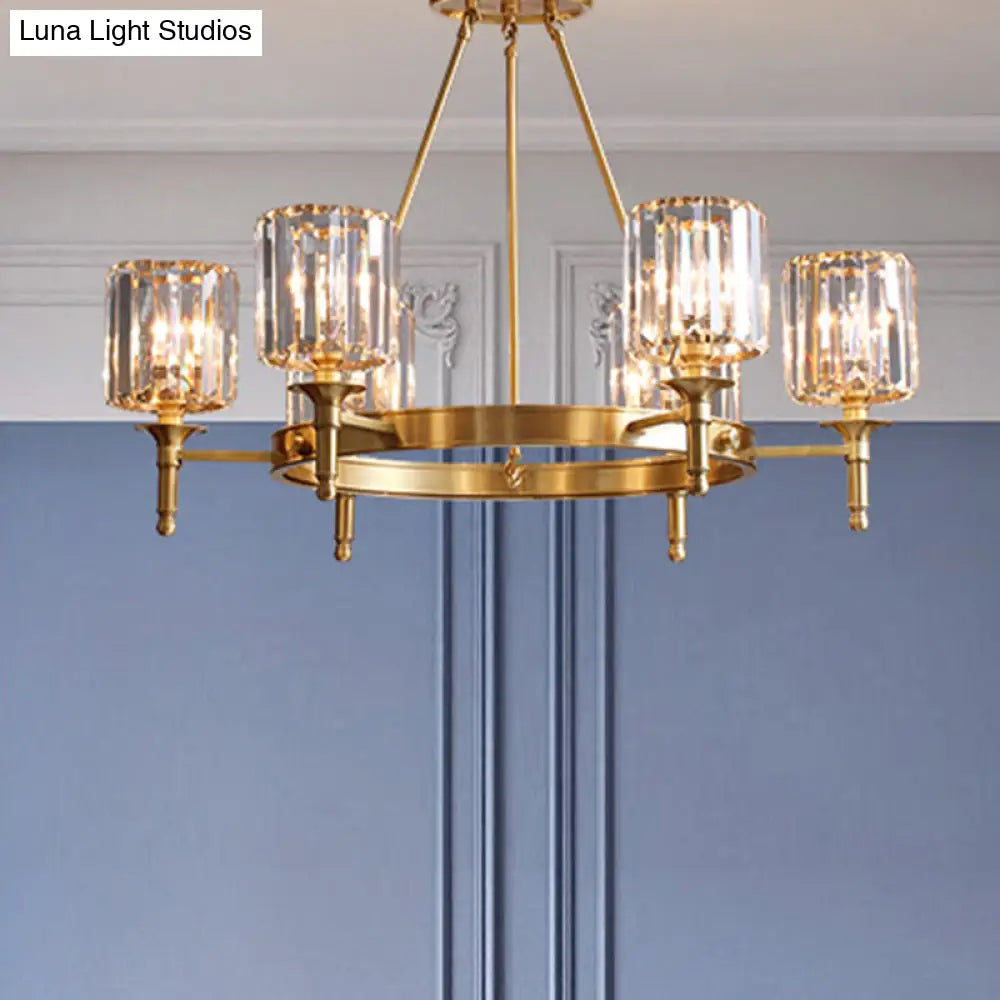 Modern Brass Faceted Crystal Cylinder Chandelier With 3/5/6 Bulbs - Ceiling Pendant Lighting 6 /