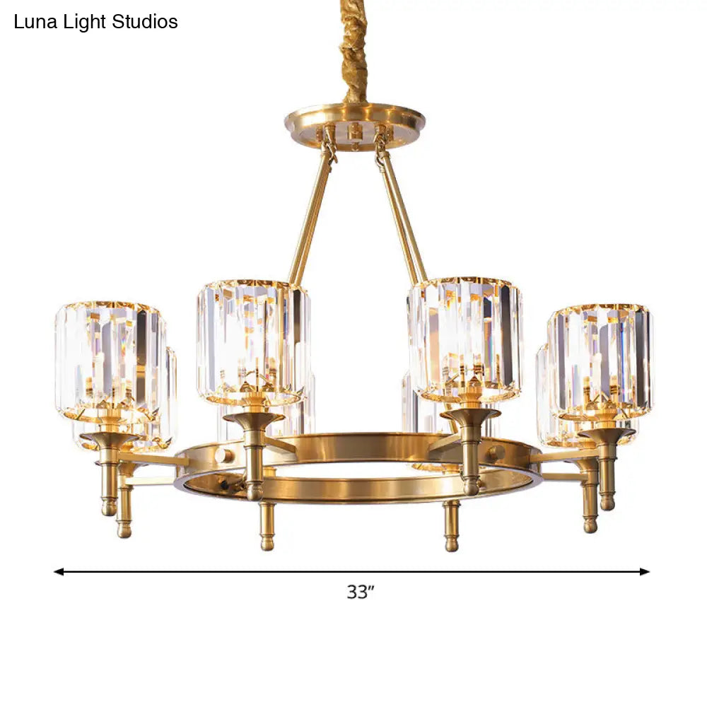 Modern Brass Faceted Crystal Cylinder Chandelier With 3/5/6 Bulbs - Ceiling Pendant Lighting