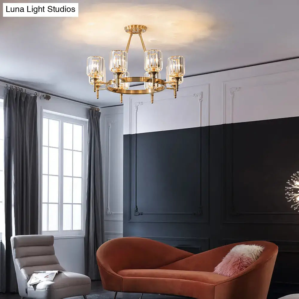 Modern Faceted Crystal Cylinder Chandelier Ceiling Pendant Light W/ 3/5/6 Bulbs In Brass Finish