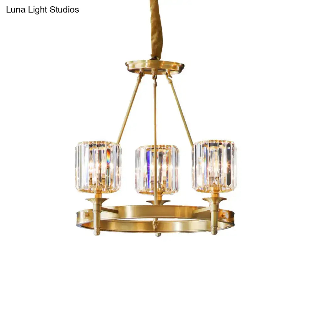 Modern Faceted Crystal Cylinder Chandelier Ceiling Pendant Light W/ 3/5/6 Bulbs In Brass Finish