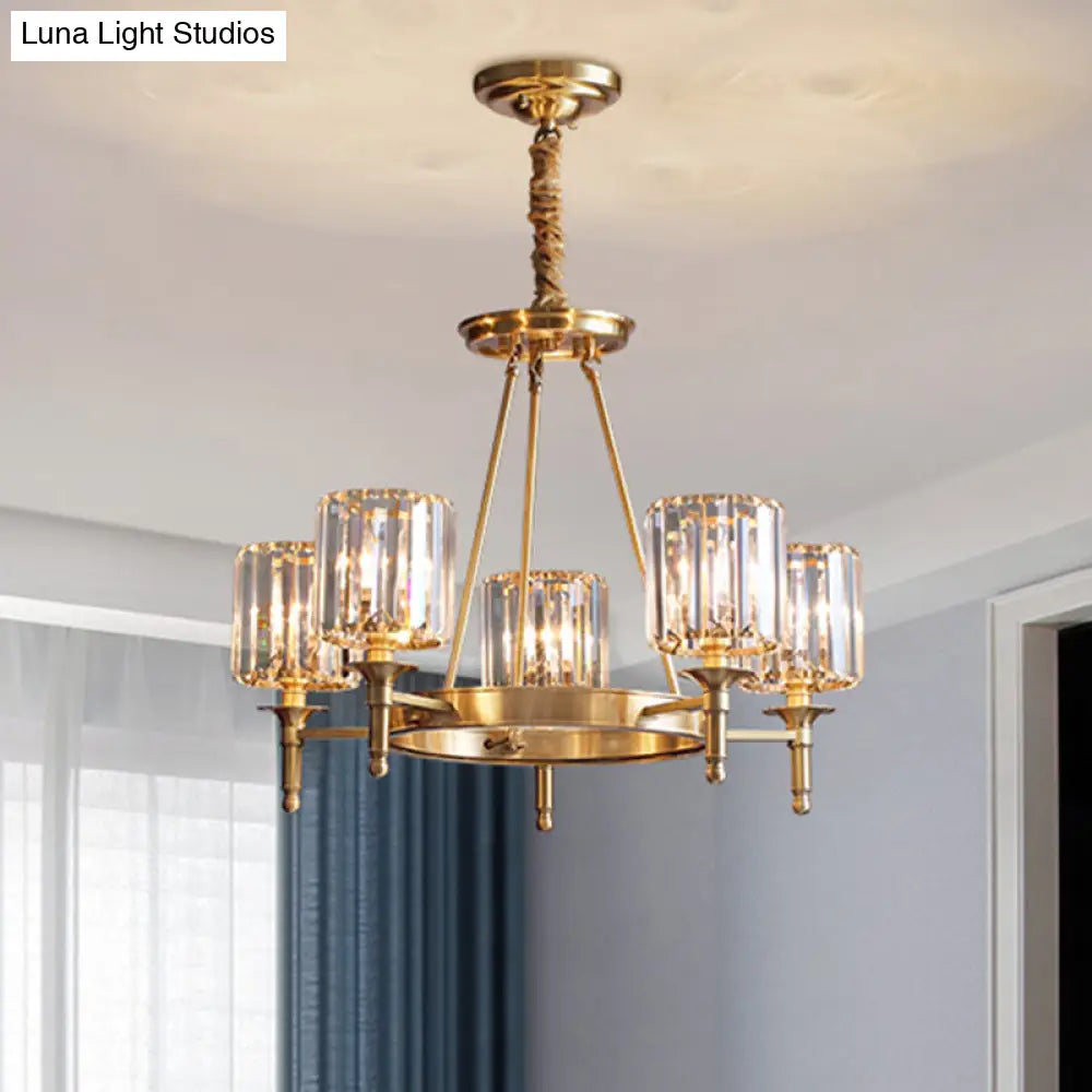 Modern Faceted Crystal Cylinder Chandelier Ceiling Pendant Light W/ 3/5/6 Bulbs In Brass Finish