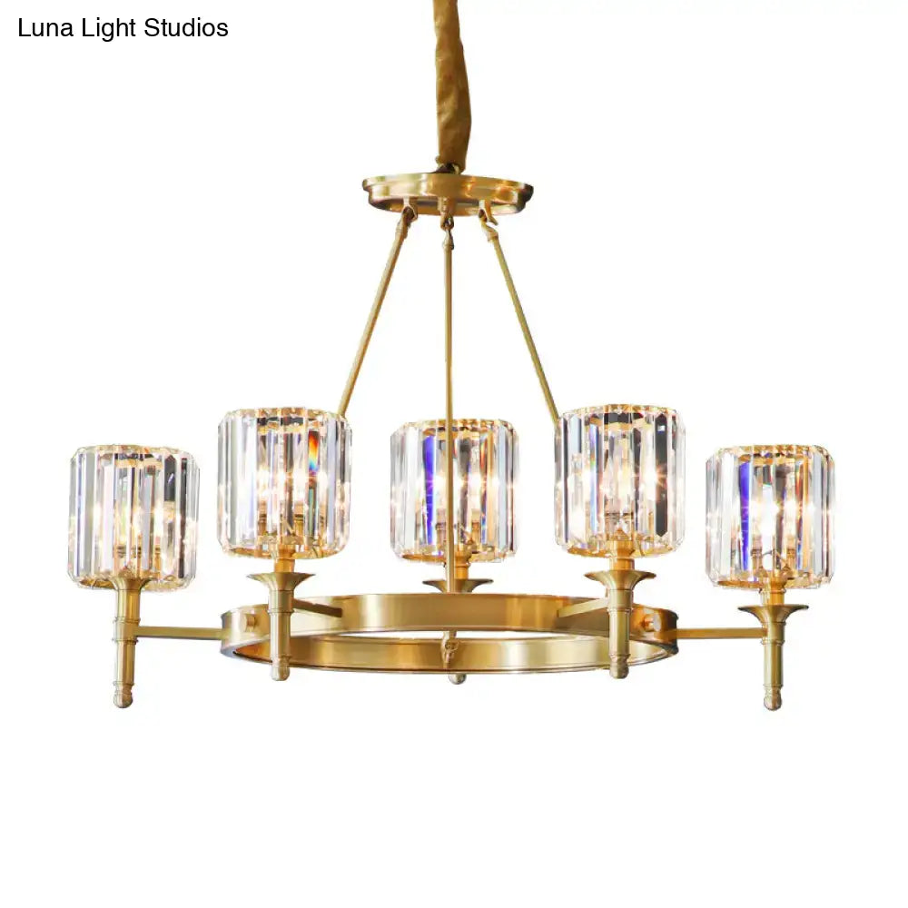 Modern Faceted Crystal Cylinder Chandelier Ceiling Pendant Light W/ 3/5/6 Bulbs In Brass Finish