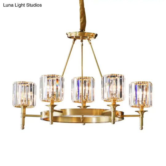 Modern Faceted Crystal Cylinder Chandelier Ceiling Pendant Light W/ 3/5/6 Bulbs In Brass Finish