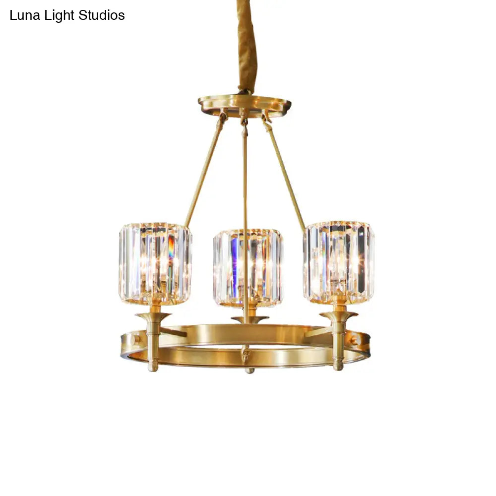 Modern Brass Faceted Crystal Cylinder Chandelier With 3/5/6 Bulbs - Ceiling Pendant Lighting