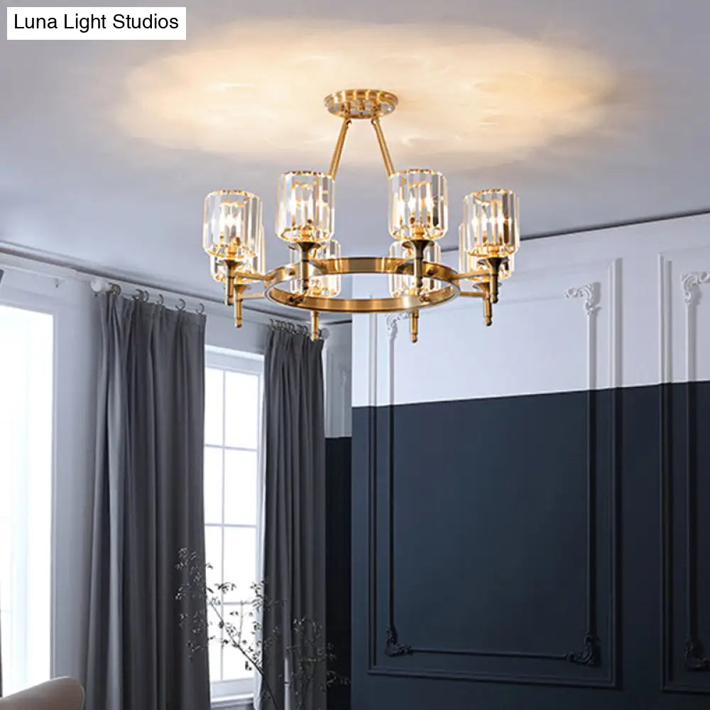 Modern Brass Faceted Crystal Cylinder Chandelier With 3/5/6 Bulbs - Ceiling Pendant Lighting