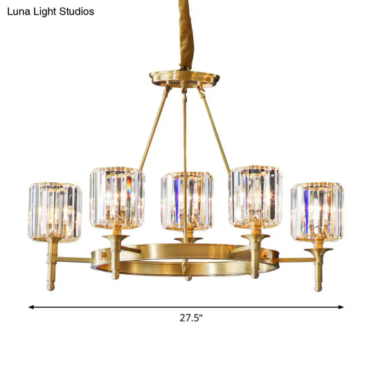 Modern Brass Faceted Crystal Cylinder Chandelier With 3/5/6 Bulbs - Ceiling Pendant Lighting