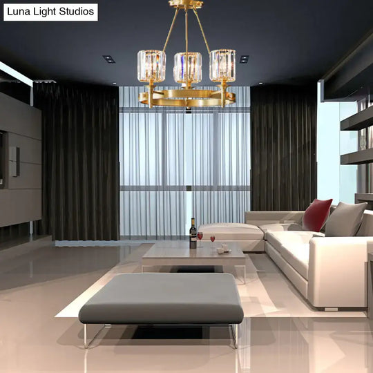 Modern Faceted Crystal Cylinder Chandelier Ceiling Pendant Light W/ 3/5/6 Bulbs In Brass Finish