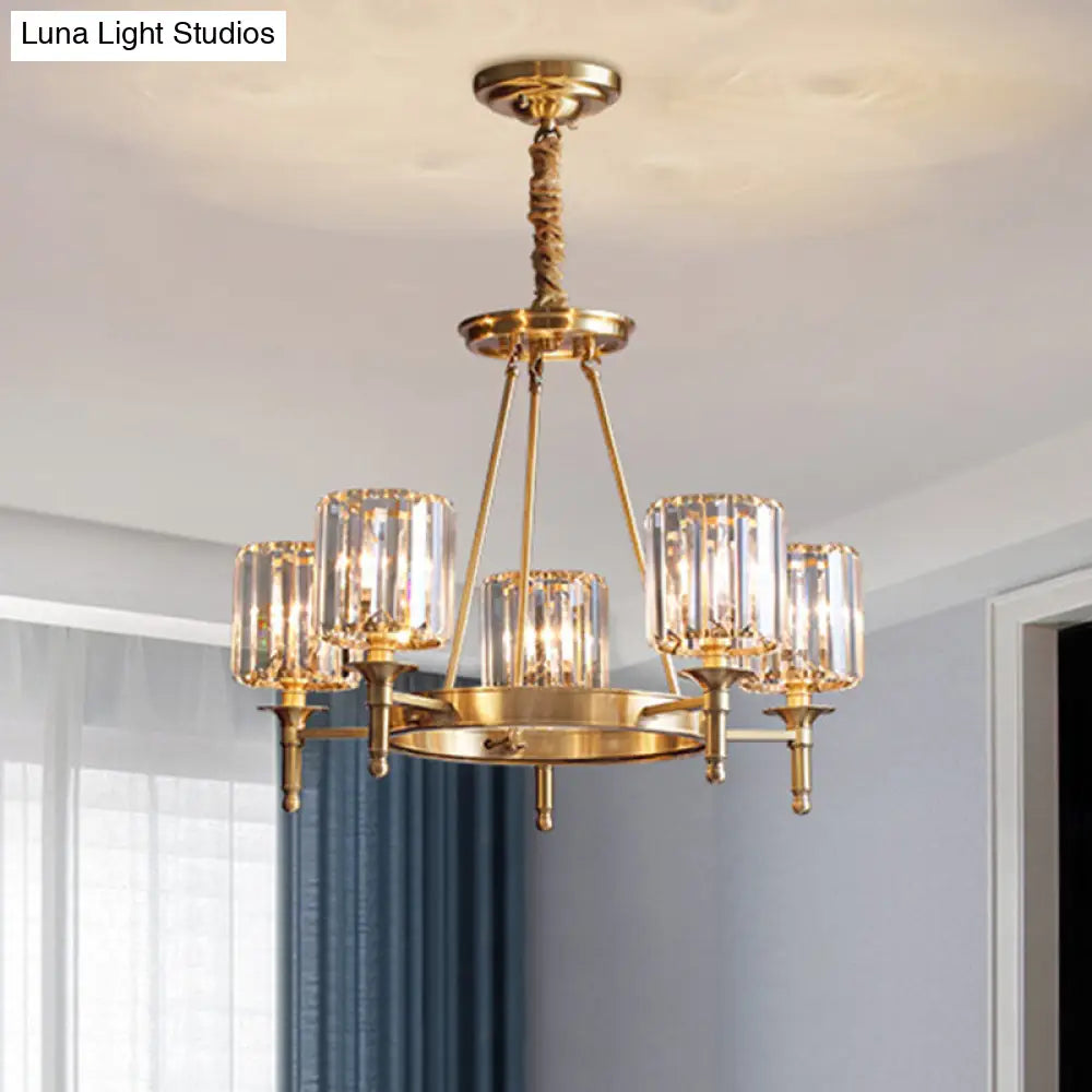 Modern Brass Faceted Crystal Cylinder Chandelier With 3/5/6 Bulbs - Ceiling Pendant Lighting