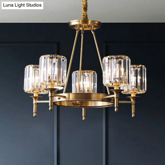 Modern Brass Faceted Crystal Cylinder Chandelier With 3/5/6 Bulbs - Ceiling Pendant Lighting 5 /