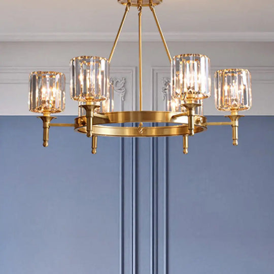 Modern Faceted Crystal Cylinder Chandelier Ceiling Pendant Light W/ 3/5/6 Bulbs In Brass Finish 6 /