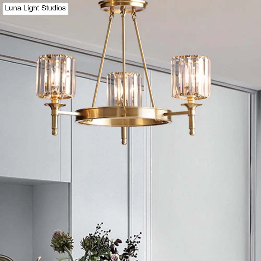 Modern Brass Faceted Crystal Cylinder Chandelier With 3/5/6 Bulbs - Ceiling Pendant Lighting 3 /