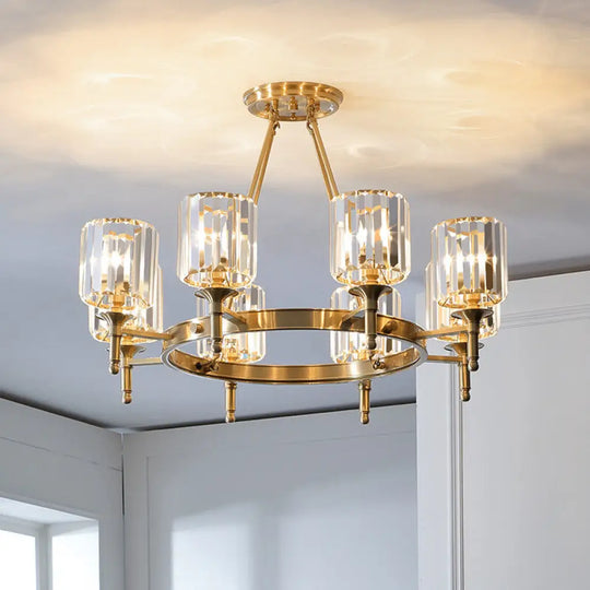 Modern Faceted Crystal Cylinder Chandelier Ceiling Pendant Light W/ 3/5/6 Bulbs In Brass Finish 8 /