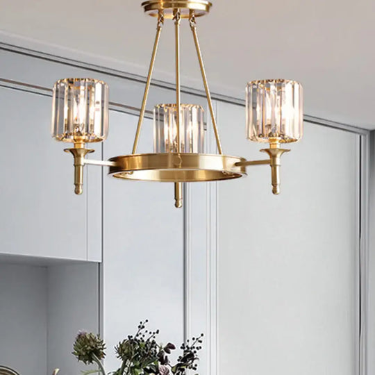 Modern Faceted Crystal Cylinder Chandelier Ceiling Pendant Light W/ 3/5/6 Bulbs In Brass Finish 3 /