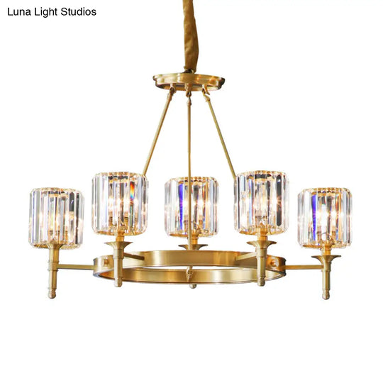 Modern Brass Faceted Crystal Cylinder Chandelier With 3/5/6 Bulbs - Ceiling Pendant Lighting