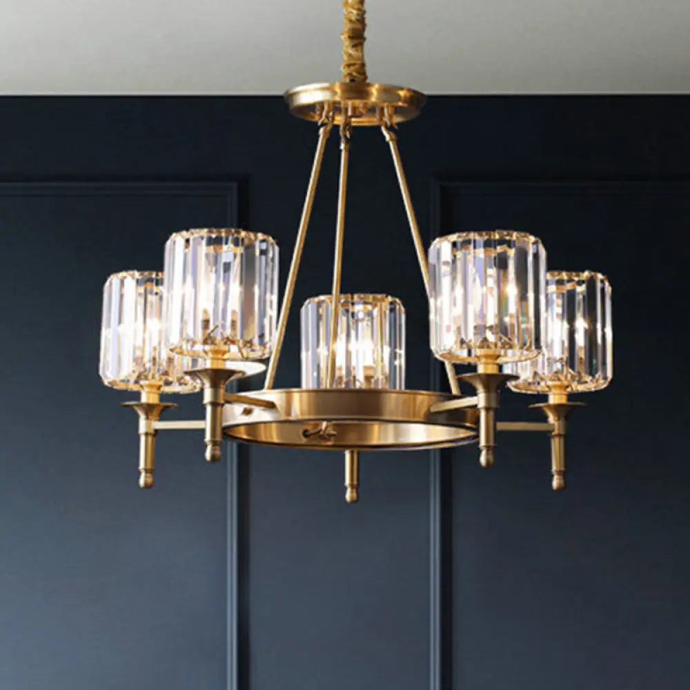 Modern Faceted Crystal Cylinder Chandelier Ceiling Pendant Light W/ 3/5/6 Bulbs In Brass Finish 5 /