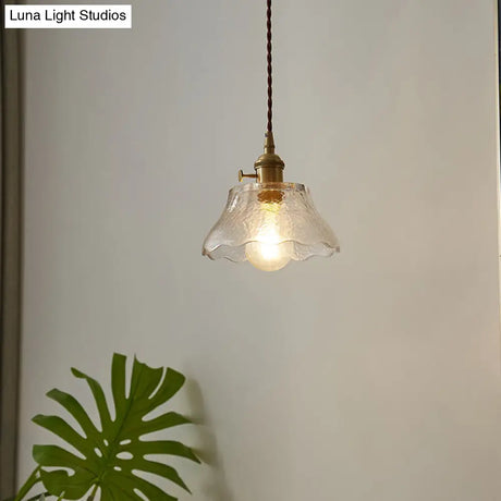 Modern Farmhouse Brass Scalloped 1-Light Suspension Lamp With Water Glass: Hanging Light