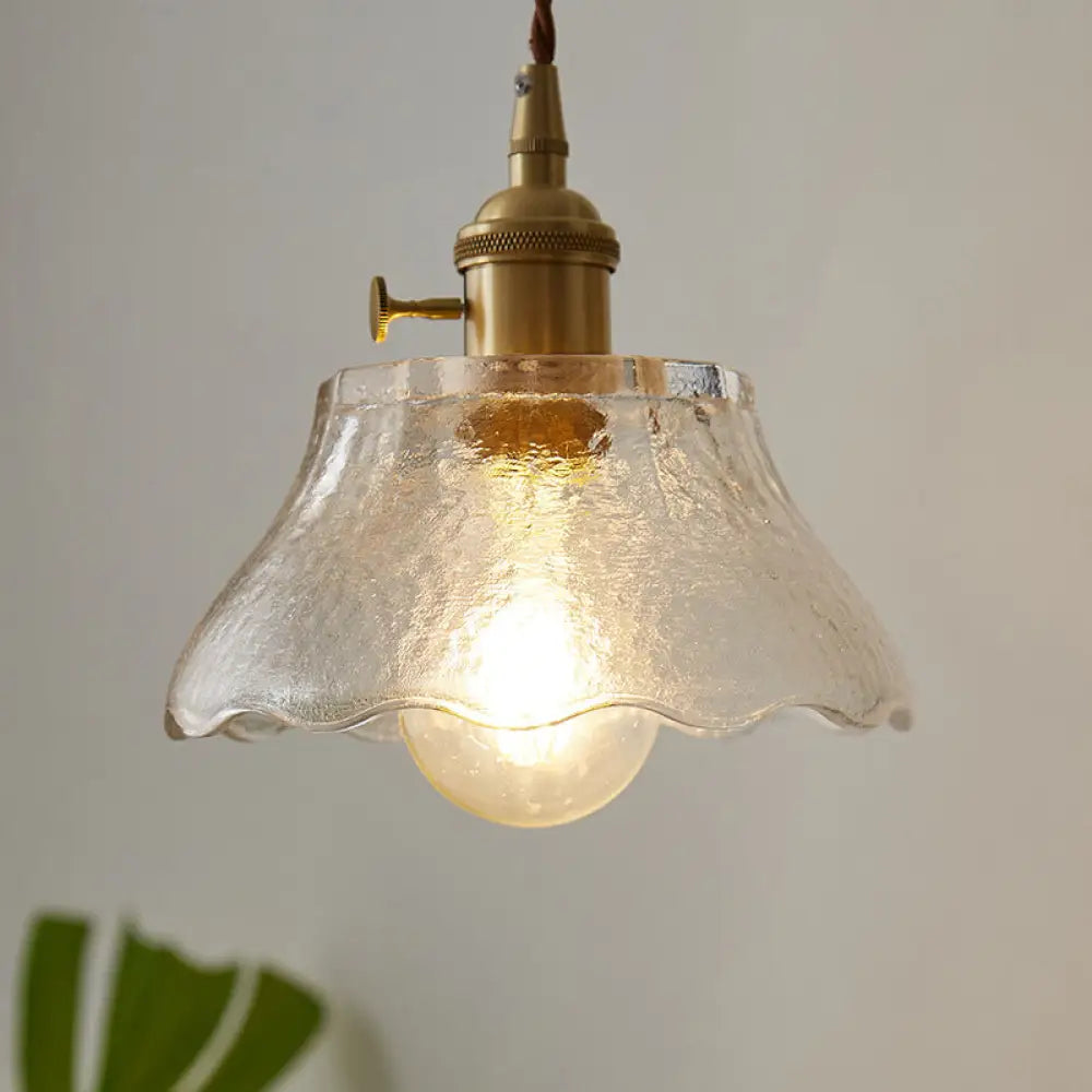 Modern Farmhouse Brass Scalloped 1-Light Suspension Lamp With Water Glass: Hanging Light
