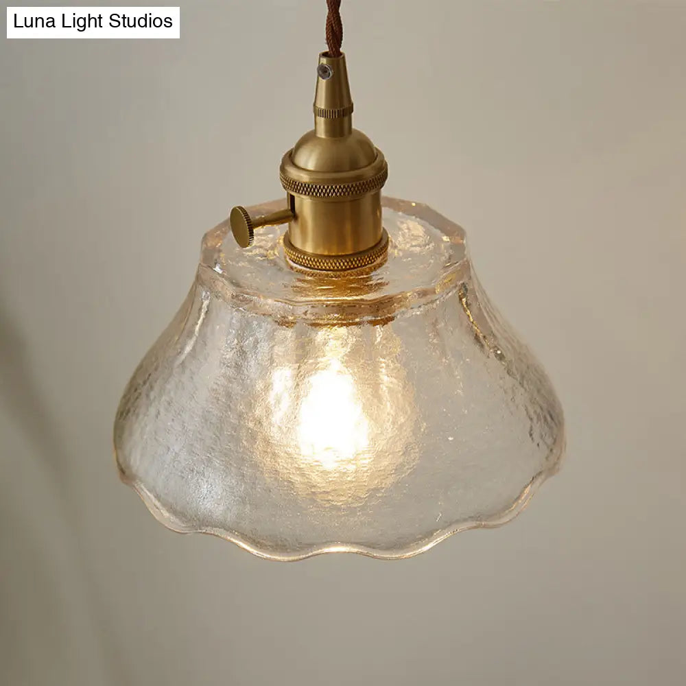 Modern Farmhouse Brass Scalloped 1-Light Suspension Lamp With Water Glass: Hanging Light