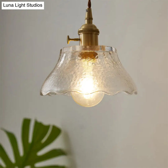 Modern Farmhouse Brass Scalloped 1-Light Suspension Lamp With Water Glass: Hanging Light