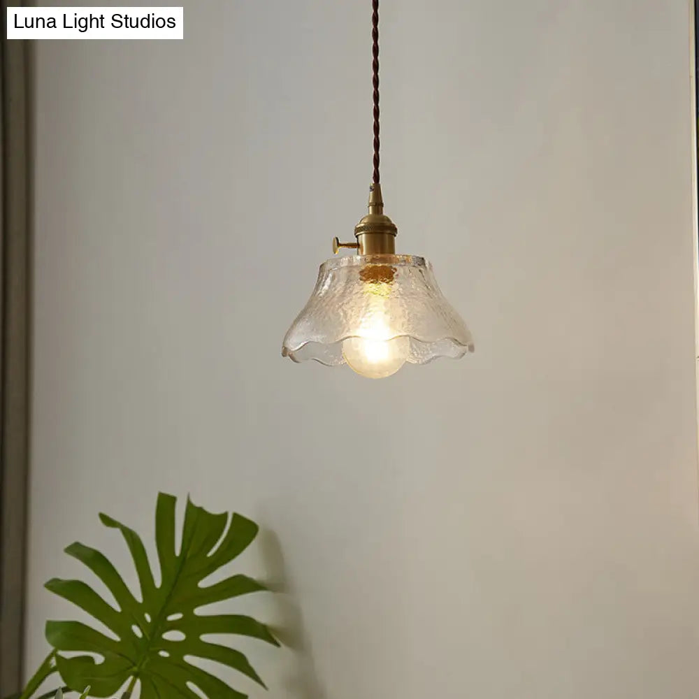 Modern Farmhouse Brass Scalloped 1-Light Suspension Lamp With Water Glass: Hanging Light