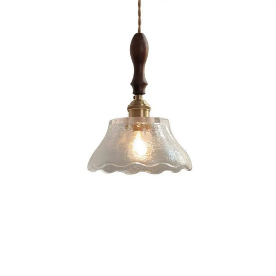 Modern Farmhouse Brass Scalloped 1-Light Suspension Lamp With Water Glass: Hanging Light Wood