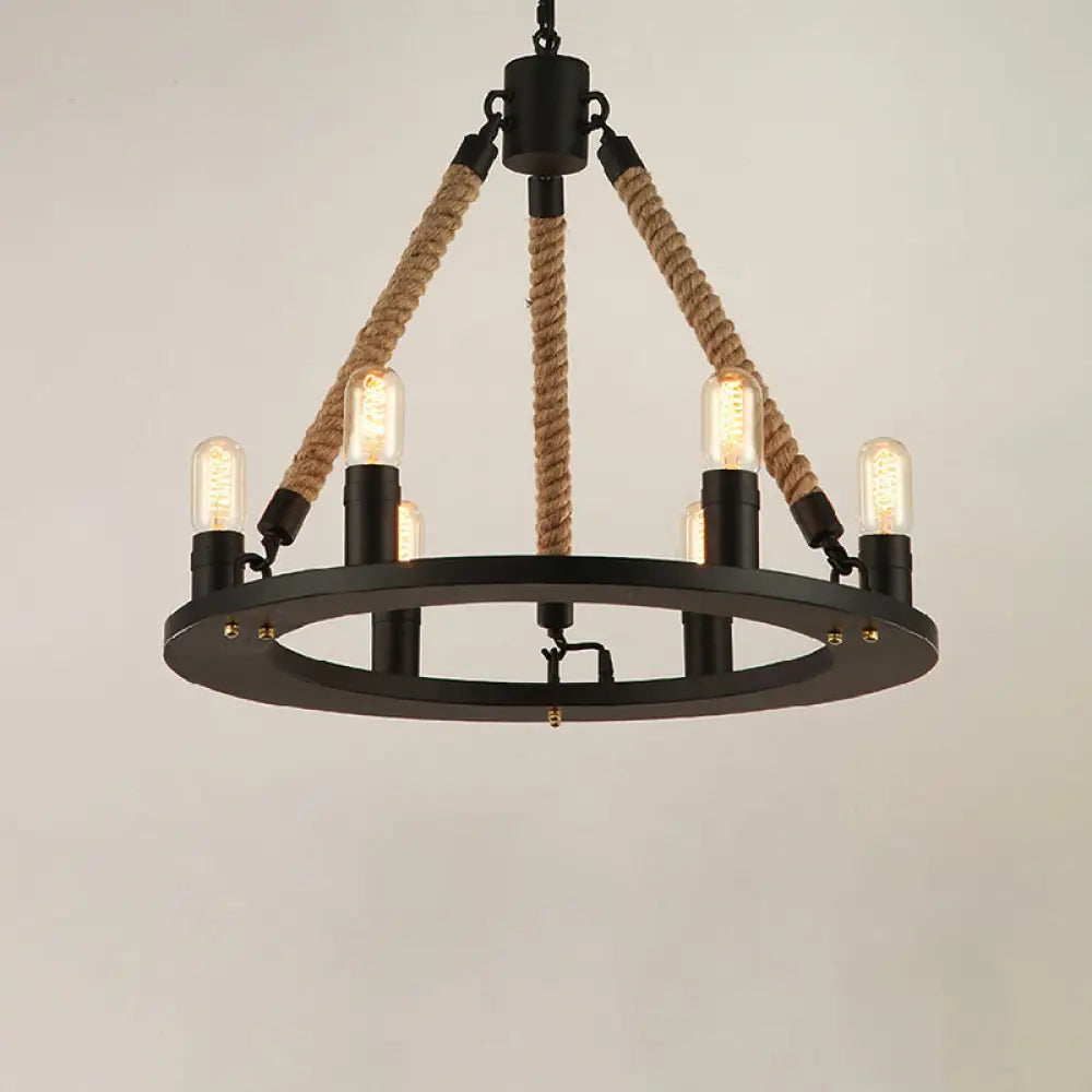 Modern Farmhouse Metal Chandelier: Circular Living Room Hanging Light Black Finish With Rope Cord 6