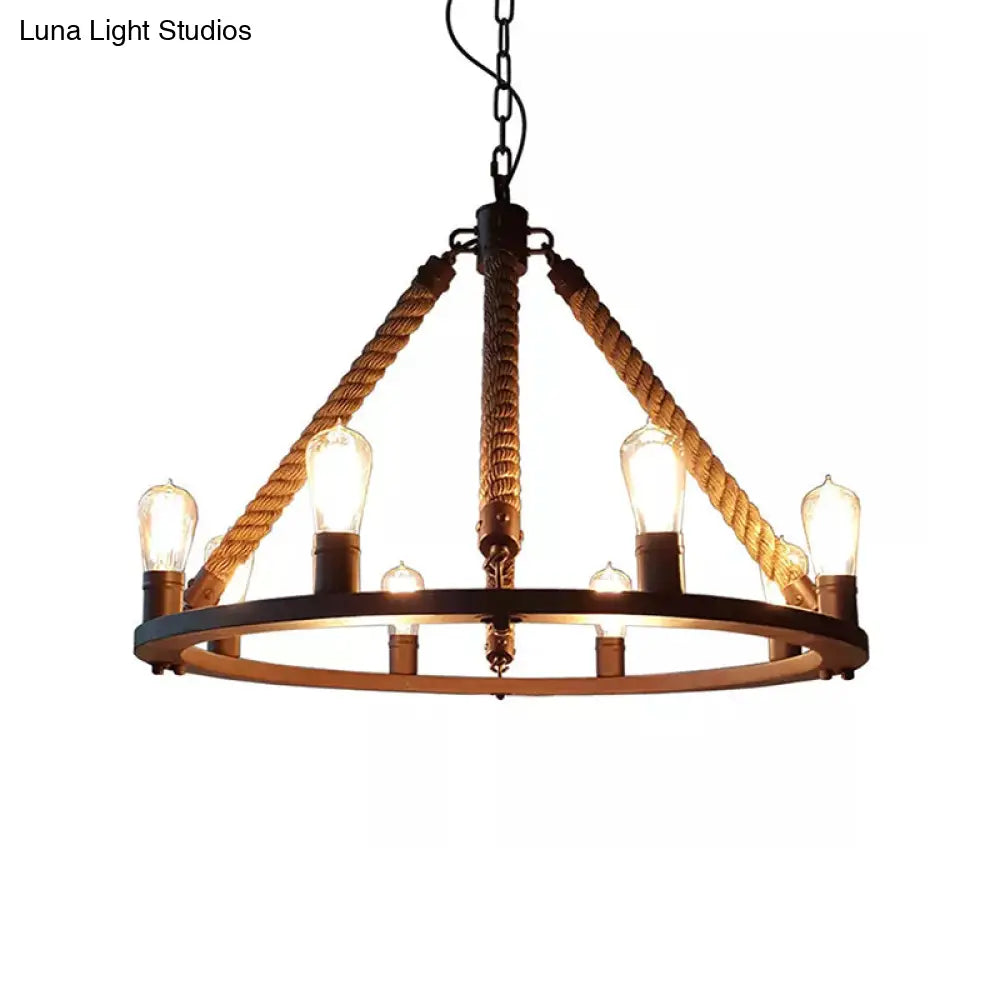 Modern Farmhouse Metal Chandelier: Circular Living Room Hanging Light Black Finish With Rope Cord