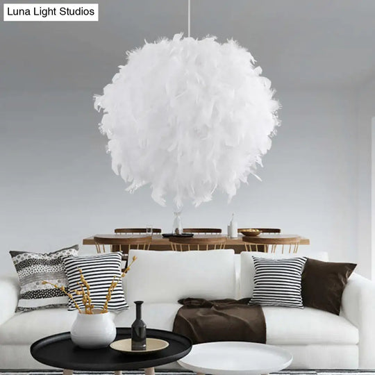 Modern Feather 1 Head Sphere Drop Pendant Ceiling Light (12’/14’/16’ Width) - White/Pink/Rose Red